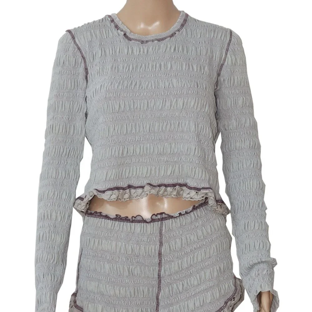 Free People Fp One Meriel Set Smocked Lace Cropped Ruched Top Shorts XL